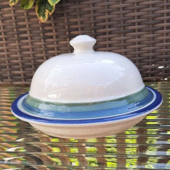 Pfaltzgraff OCEAN BREEZE Covered Butter Dish Stoneware Round Blue Green - Picture 1 of 6